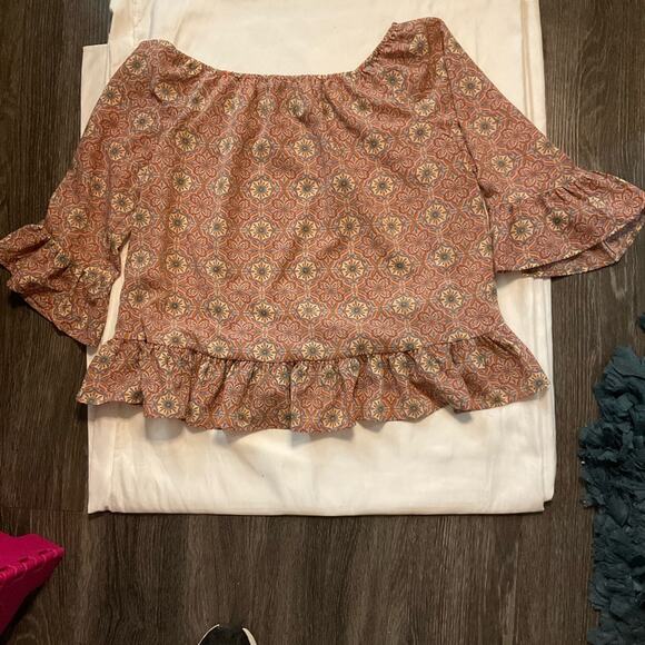 Sanctuary Boho Cropped Bell Ruffle Sleeve Blouse L Bohemian Coquette Girl Prints - Picture 4 of 10